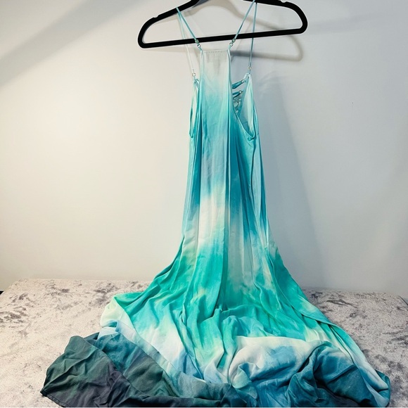 H&M Tie-Dye Ombre Maxi Dress Lace-Up Front Size 8 Blue Green White - Picture 3 of 10